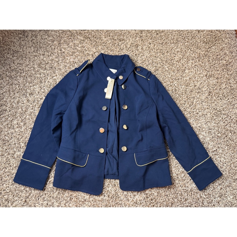 Chicos Military Jacket Deep Navy Blue Gold Button Petite 1 570212931 NEW